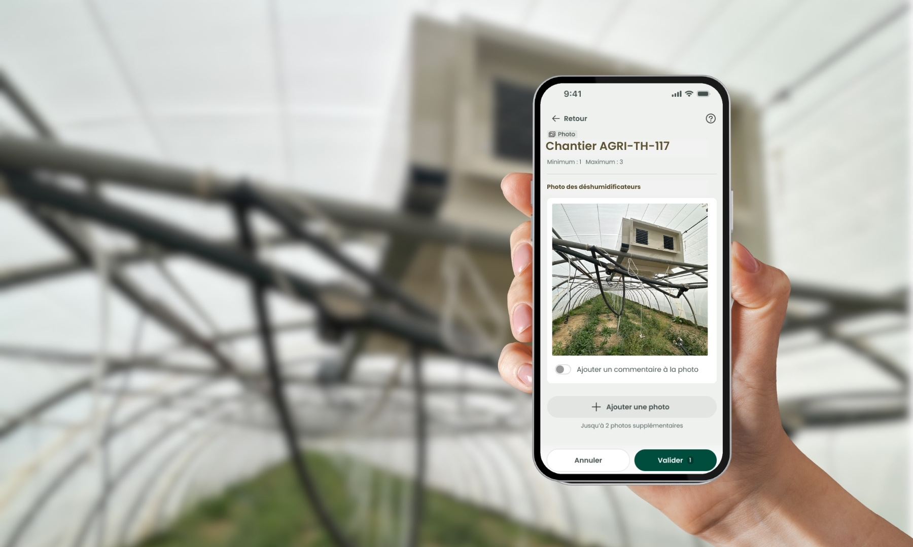 Contrôler avec Certificall et des photos horodatées et géolocalisées la fiche AGRI-TH-117 pour la pose de déshumidificateurs dans les serres agricoles et maraichères