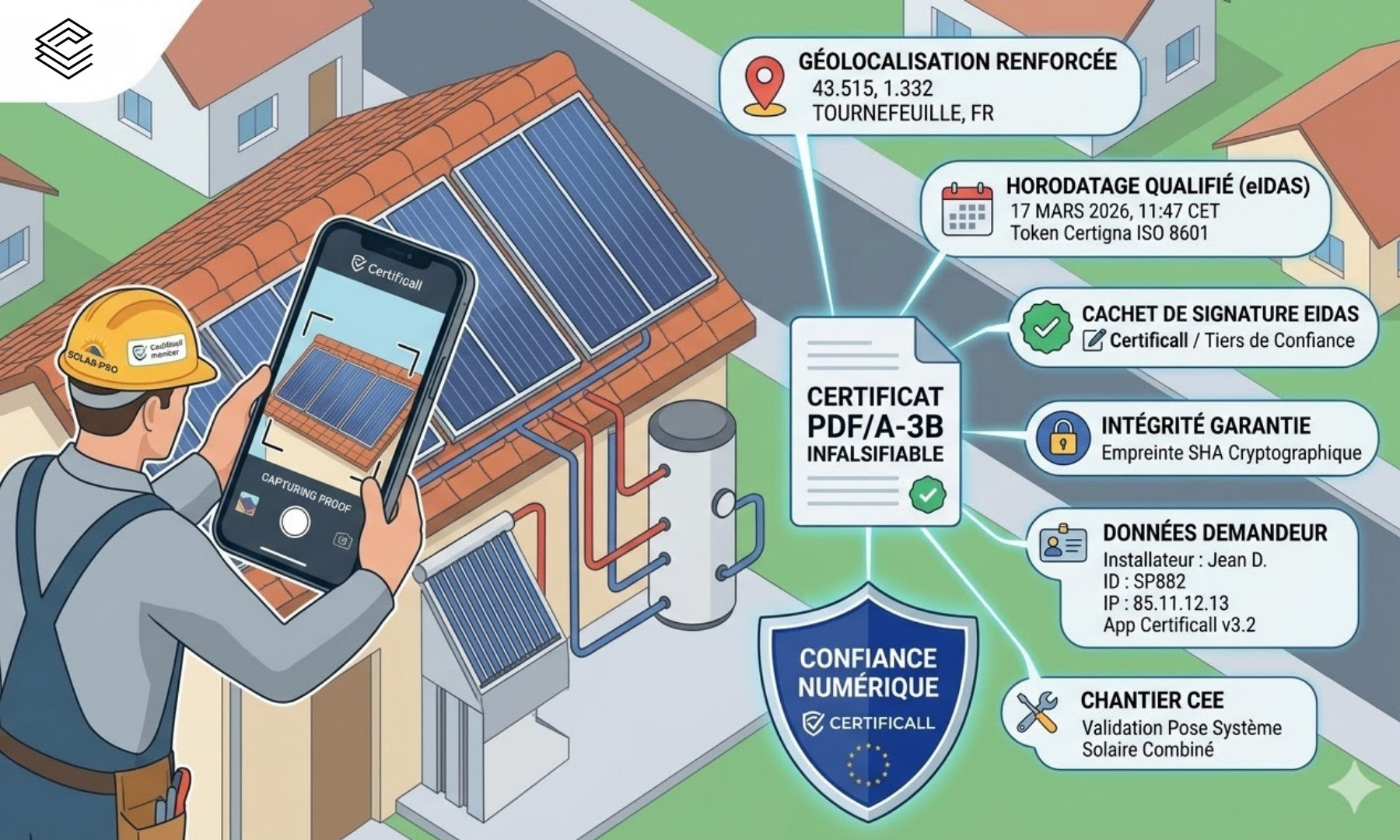 Controle chantier CEE avec photo horodatée Certificall : exemple avec la pose d'un système solaire combiné SSC