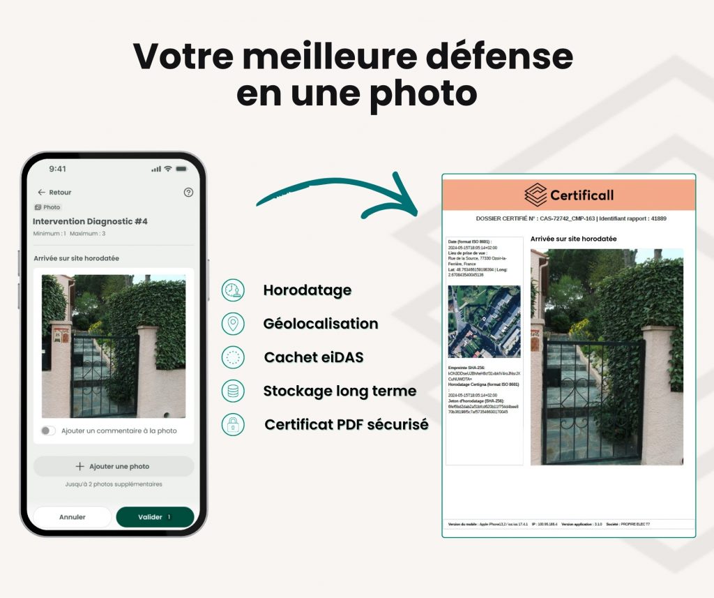 Diagnostiqueur immobilier certifie ses interventions avec un certificat incluant une photo horodatée par Certificall