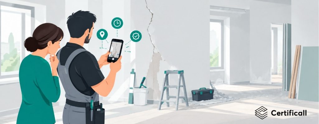 Artisan du BTP montrant à sa cliente une photo de chantier certifiée sur smartphone lors d'un premier rendez-vous