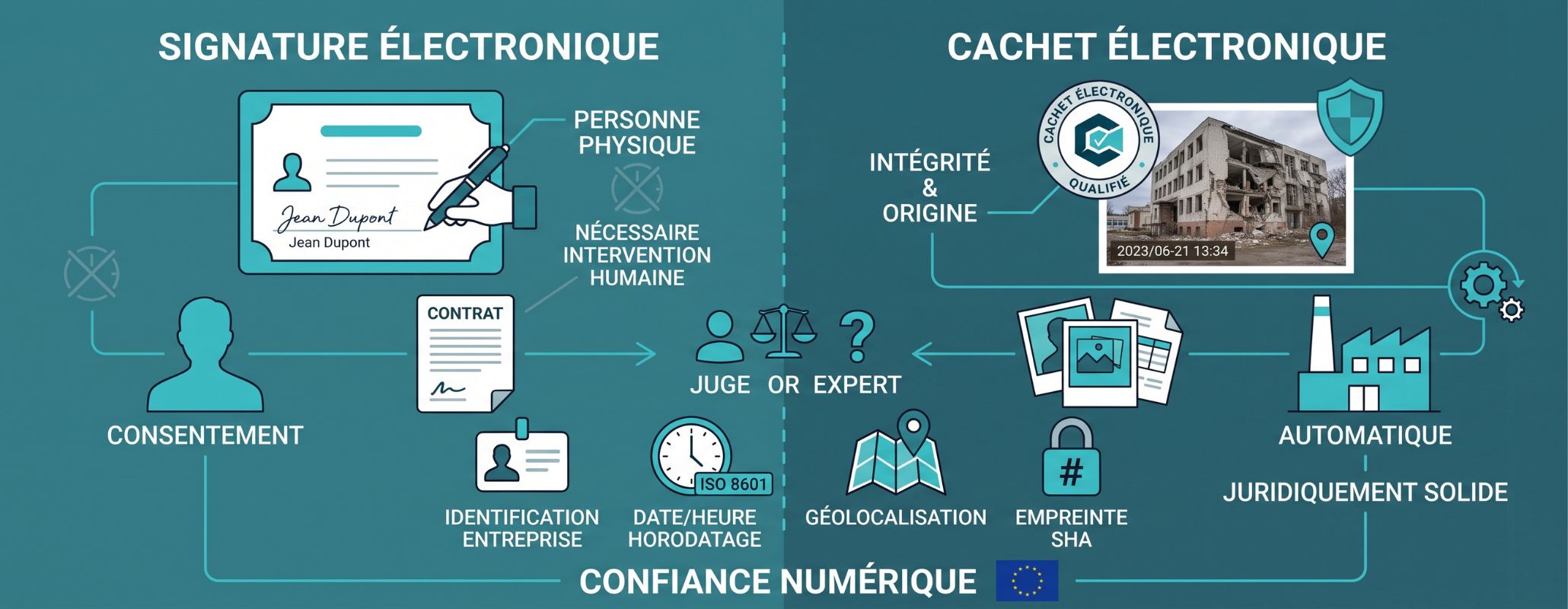 cachet de signature électronique, outil essentiel de la preuve numérique et des photos certifiées, comparé à la signature électronique classique