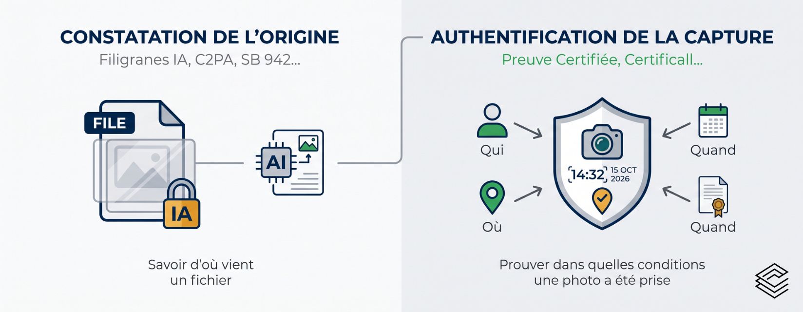 Marquage IA et preuve numérique certifiée collectée sur le terrain : deux dispositifs complémentaires pour sécuriser les contenus photos, et vidéos