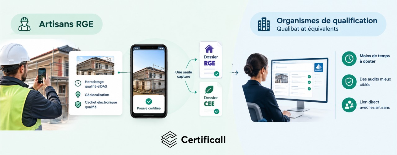 Audit RGE Qualibat : installateur photographiant une pompe à chaleur avec des preuves horodatées et géolocalisées