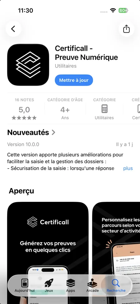 Fiche de l'application Certificall sur l'App Store