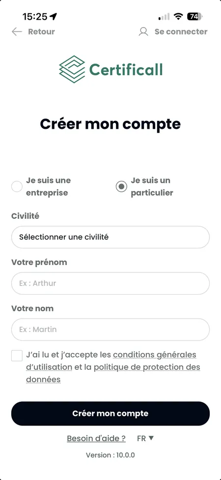 Écran de création de compte de l'application Certificall