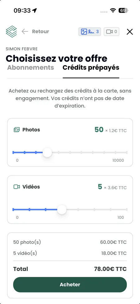 Écran « Choisissez votre offre » de l'application Certificall avec les abonnements et les crédits prépayés