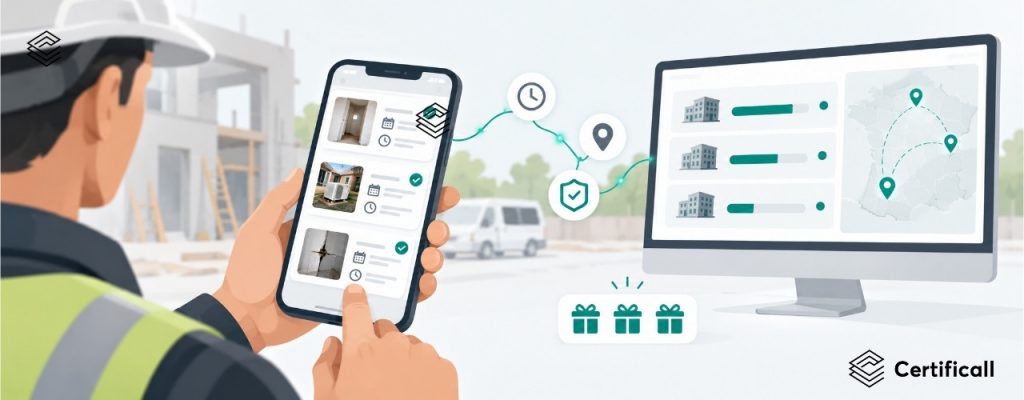 Nouveautés Certificall d'octobre 2026 : un professionnel de terrain consulte sa liste de dossiers sur smartphone, à côté d'un suivi de consommation par agence.