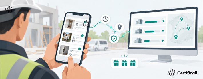 Nouveautés Certificall d'octobre 2026 : un professionnel de terrain consulte sa liste de dossiers sur smartphone, à côté d'un suivi de consommation par agence.