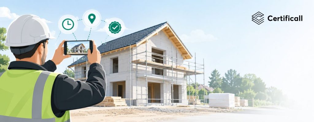 Conducteur de travaux prenant une photo de chantier opposable d'une maison individuelle au stade hors d'eau, avec horodatage et géolocalisation