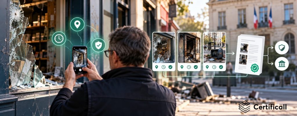 Vitrine de commerce dégradée photographiée avec l'application Certificall pour constituer une preuve certifiée