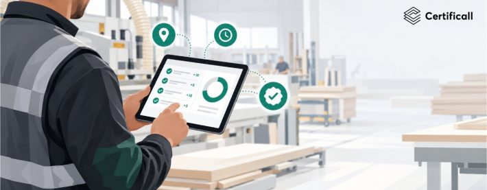 Risk surveyor using a risk scoring grid on a tablet in a joinery workshop, with a score calculated from the captured answers