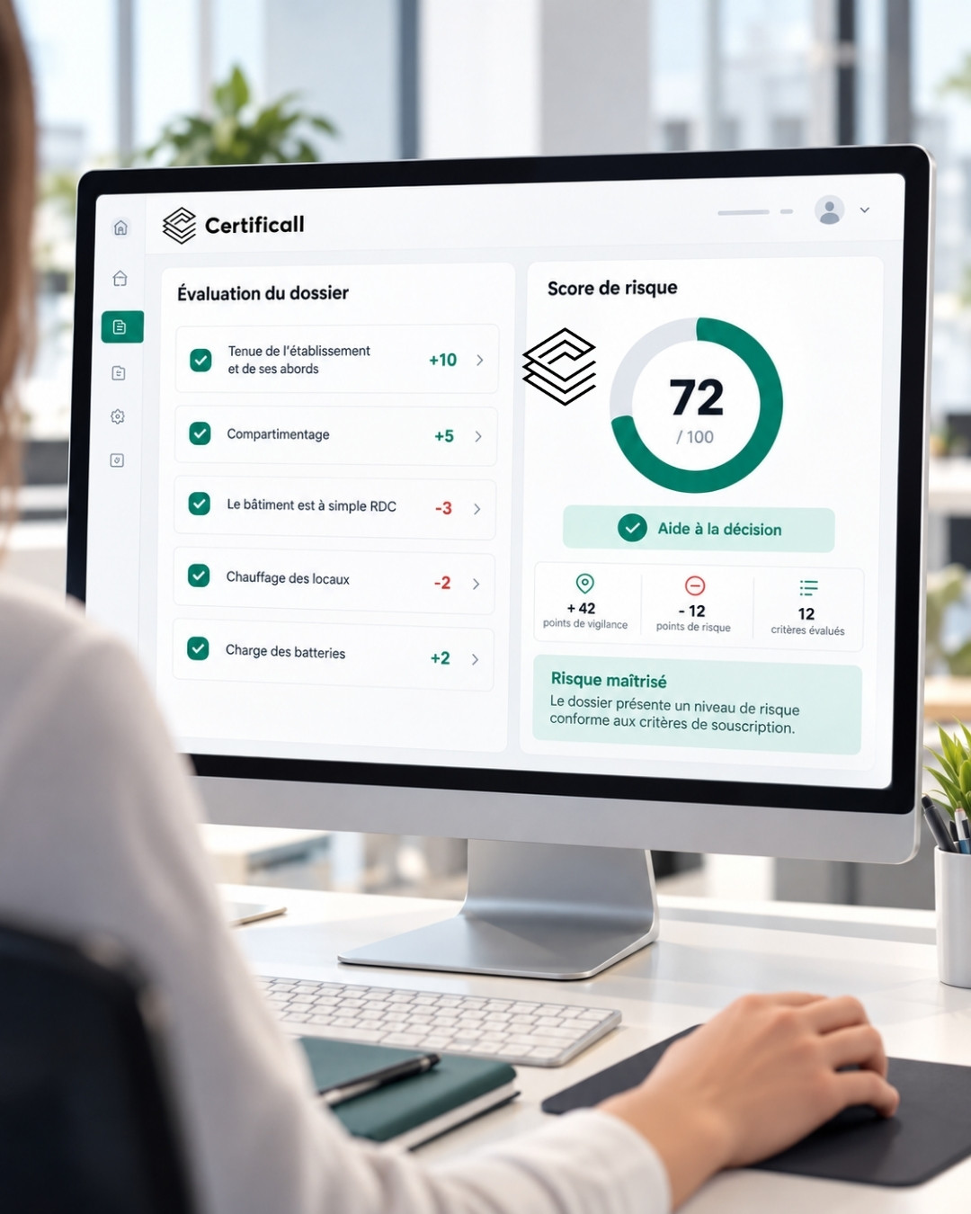 Grille d'évaluation des risques Certificall : les réponses collectées sur le terrain sont converties en points, puis en un score affiché sur la fiche du dossier