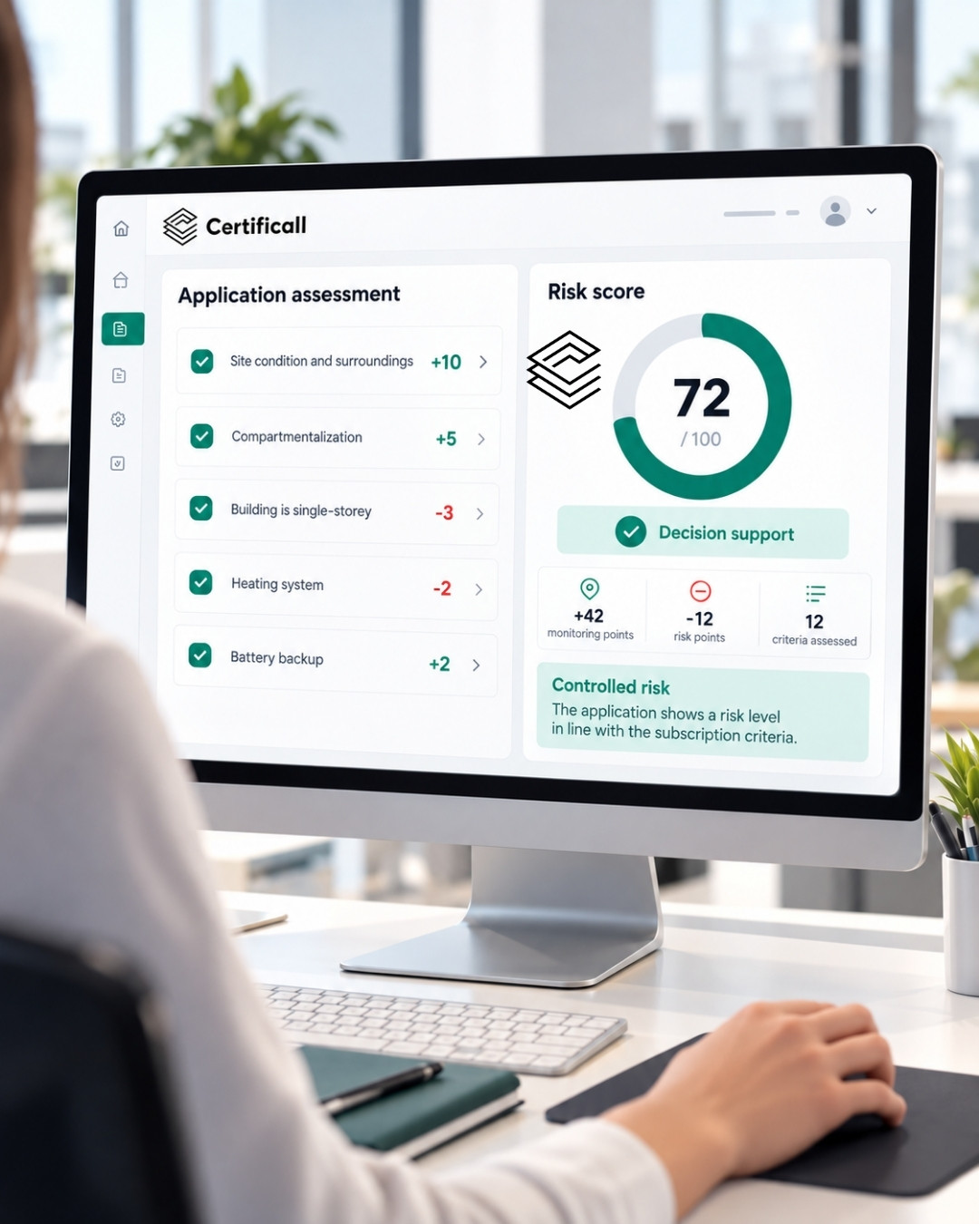 Certificall risk scoring: answers captured in the field are converted into points, then into a score displayed on the file record