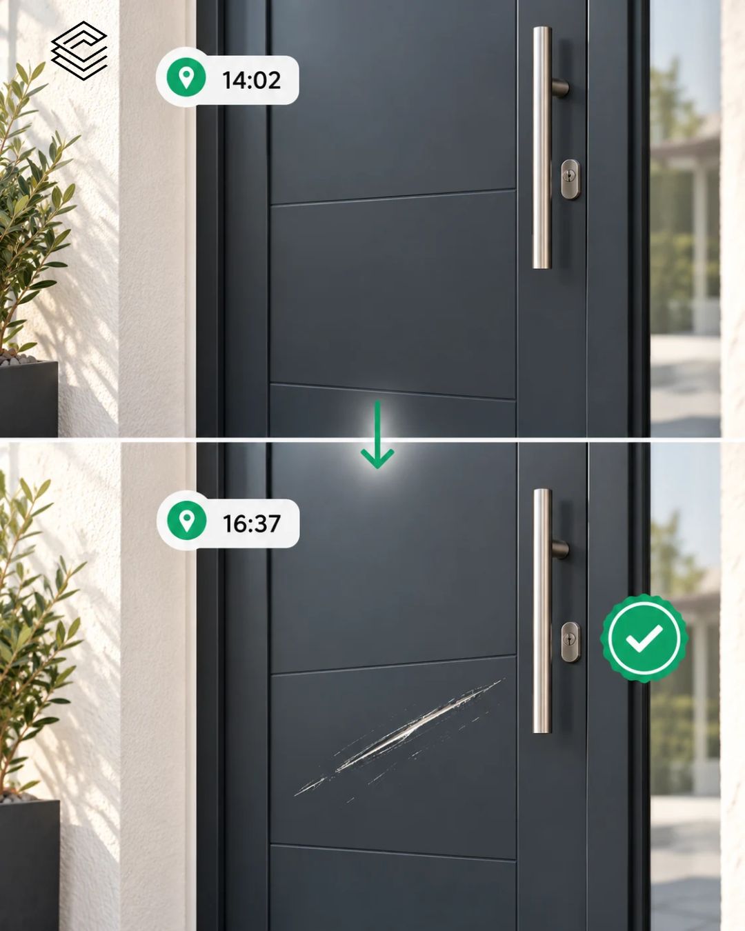 Dégradations sur chantier évitées : deux photos certifiées d'une porte d'entrée, intacte à la sortie d'un corps d'état puis rayée après le suivant, avec horodatage et géolocalisation