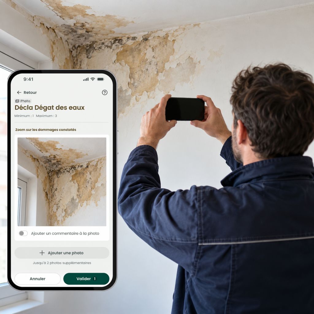 Professionnel photographiant un dégât des eaux avec l'application Certificall sur son smartphone
