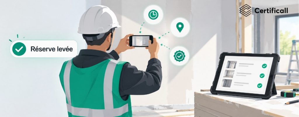 Conducteur de travaux photographiant une reprise de chantier avec son smartphone, photo certifiée pour la levée de réserves