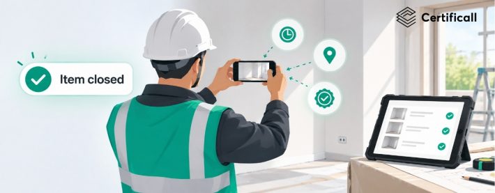 Site manager photographing a fix on a construction site with a smartphone, certified photo for a punch list
