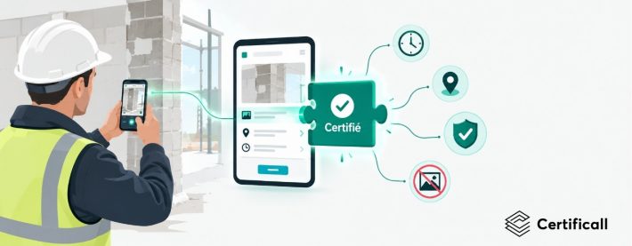 Conducteur de travaux photographiant un chantier avec l'application de son logiciel BTP, dans laquelle une API de certification photo horodate, géolocalise et scelle la preuve