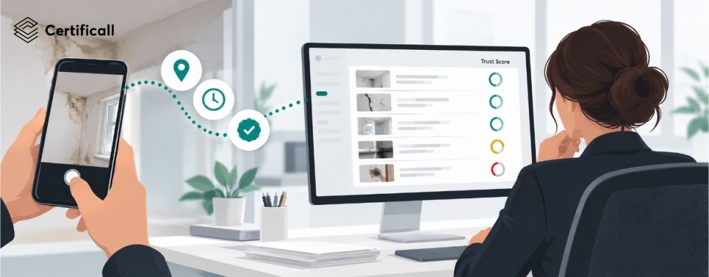 Trust Score de Certificall : une gestionnaire consulte dans son logiciel métier le score de confiance de chaque dossier, remonté automatiquement depuis le terrain.