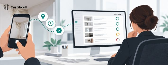 Trust Score de Certificall : une gestionnaire consulte dans son logiciel métier le score de confiance de chaque dossier, remonté automatiquement depuis le terrain.